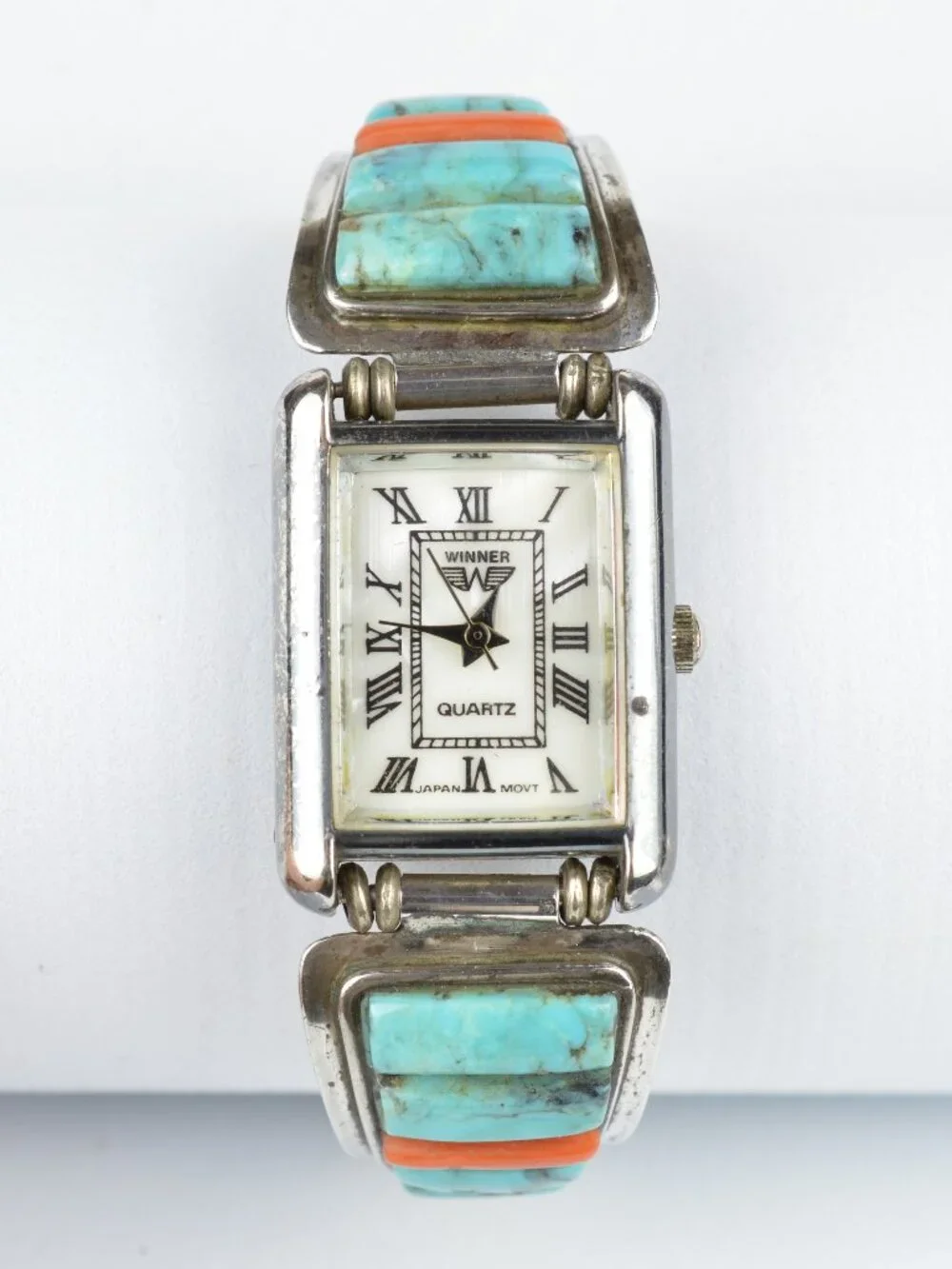 VTG Navajo Harry Bert Sterling Silver Turquoise Coral Cobble Inlay Watch Tips